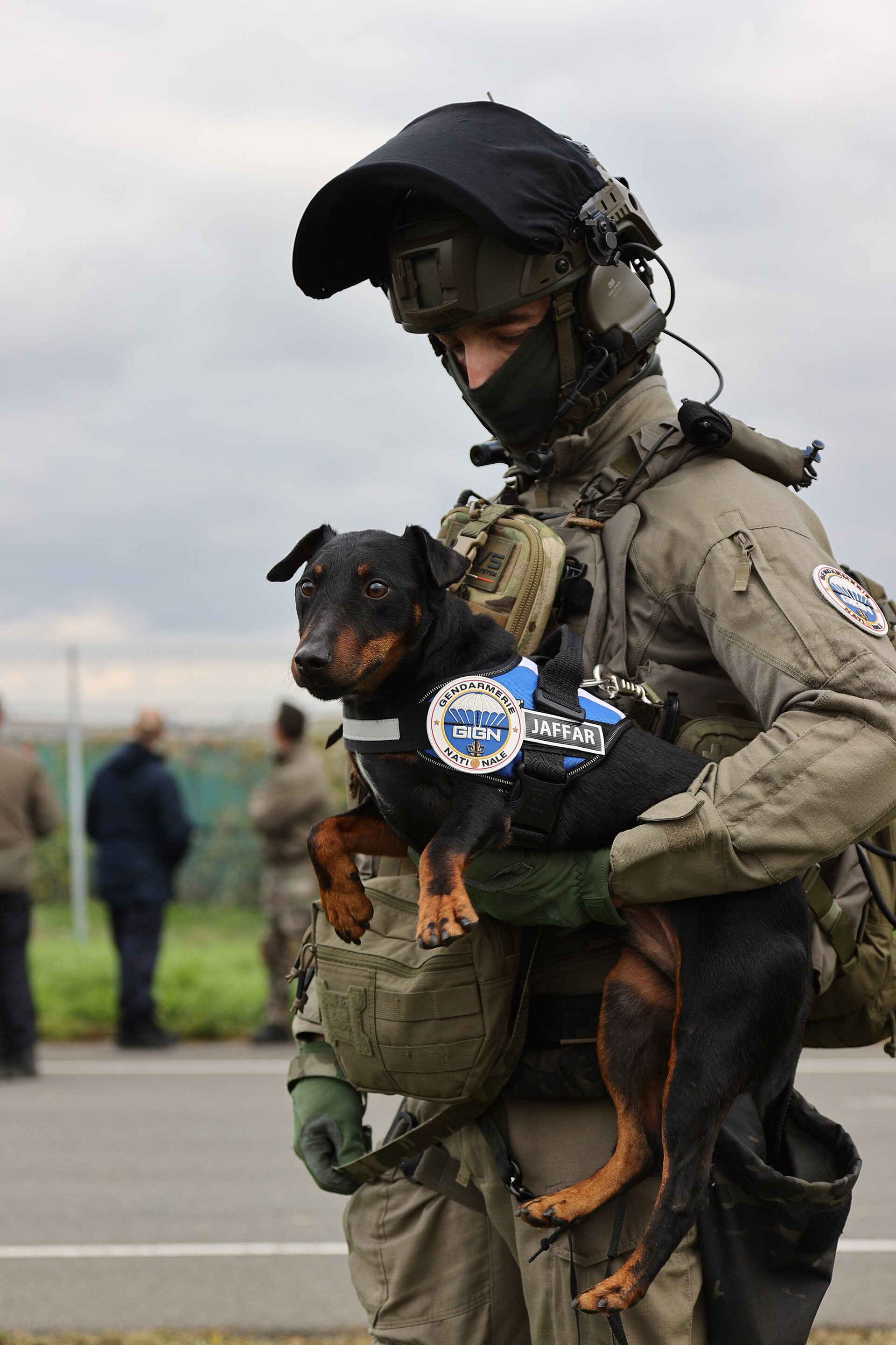 Gendarme du GIGN avec son chien de détection d'explosifs